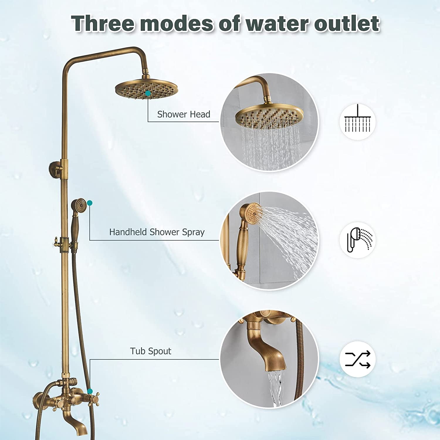 Antique Brass Bathroom Shower Faucet mixer set Rainfall Twin Head kit Tub Spout Exposed