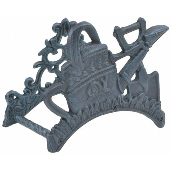 Garden Hose Holder - Snail Watering Can & Shovel - Verdigris Cast Iron - 9" Wide