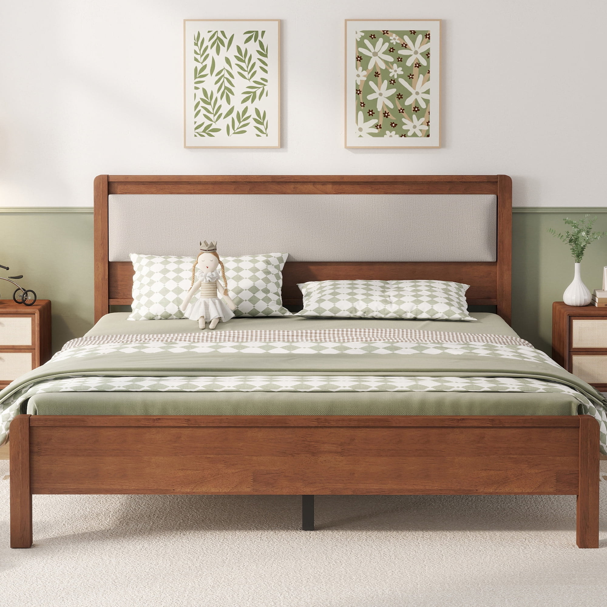 HOQBN Queen Solid Rubberwood Bed Frame with Upholstered Headboard, Reinforced Central Support Legs for Bedroom Brown