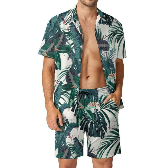 OUSIMEN Men's Hawaiian 2-Piece Short Set Floral Shirts Set Tropical Beach Shirt Short Set Sleeve Casual Vacation