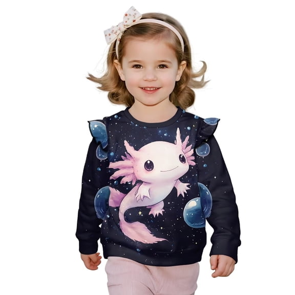 Garronmavis Pink Axolotl Toddler Girl Sweatshirt Polyester Spandex Fabric Planets Pullover Crewneck Long Sleeve Shirt Ruffle Girls Crewneck Sweatshirt Versatile for Girls 1-2 Years Old