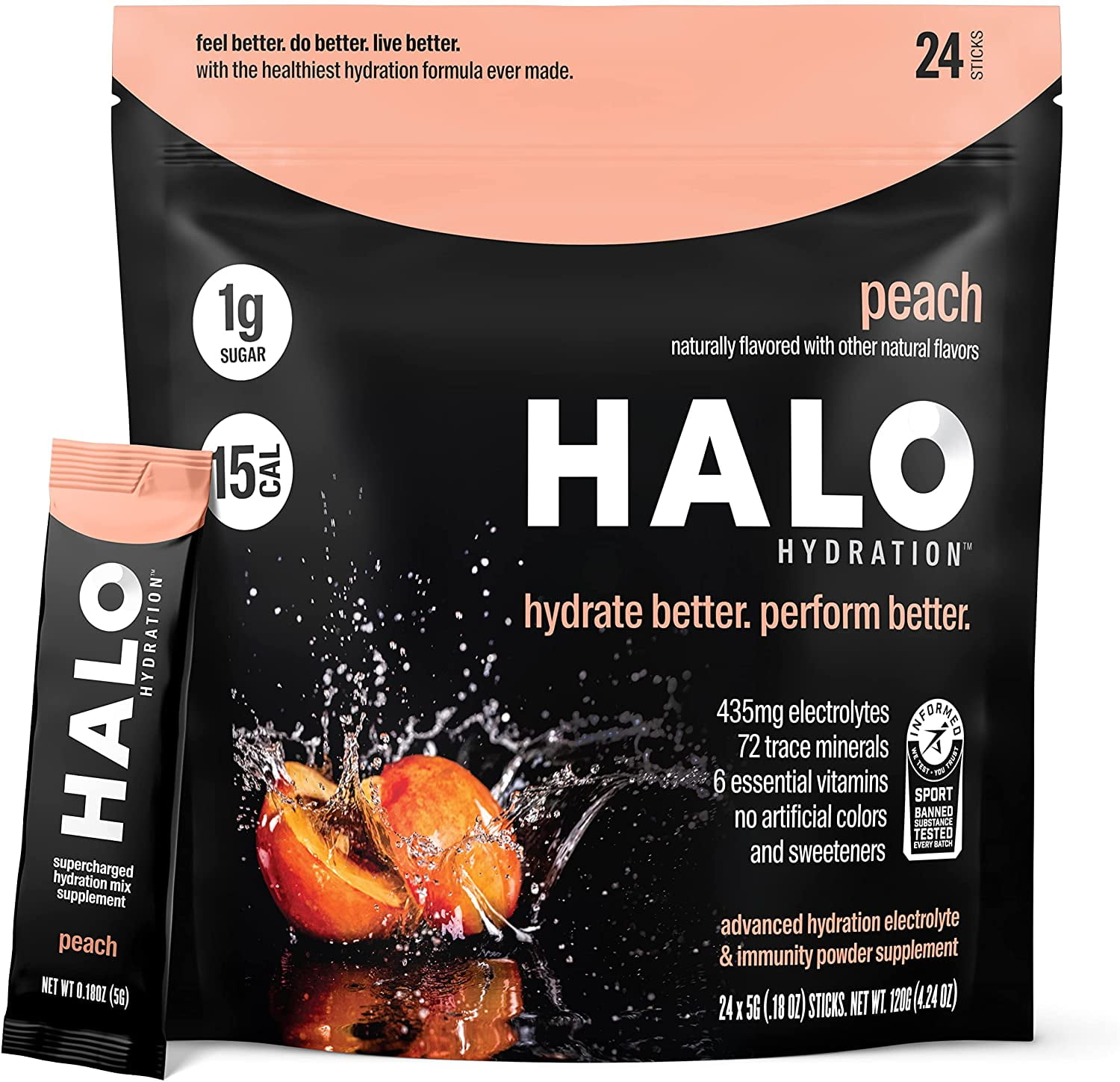 Halo Hydration OntheGo Electrolyte Powder Drink Mix, Peach, 6 Count