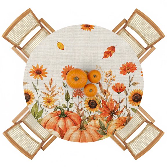 Thanksgiving Round Fitted Tablecloth Pumpkin Orange Sunflower Floral Fall Leaf Linen Texture Elastic Table Cloth Waterproof Oil Proof Table Cover Fits Fits 36"-44" Tables Round Tables for Party