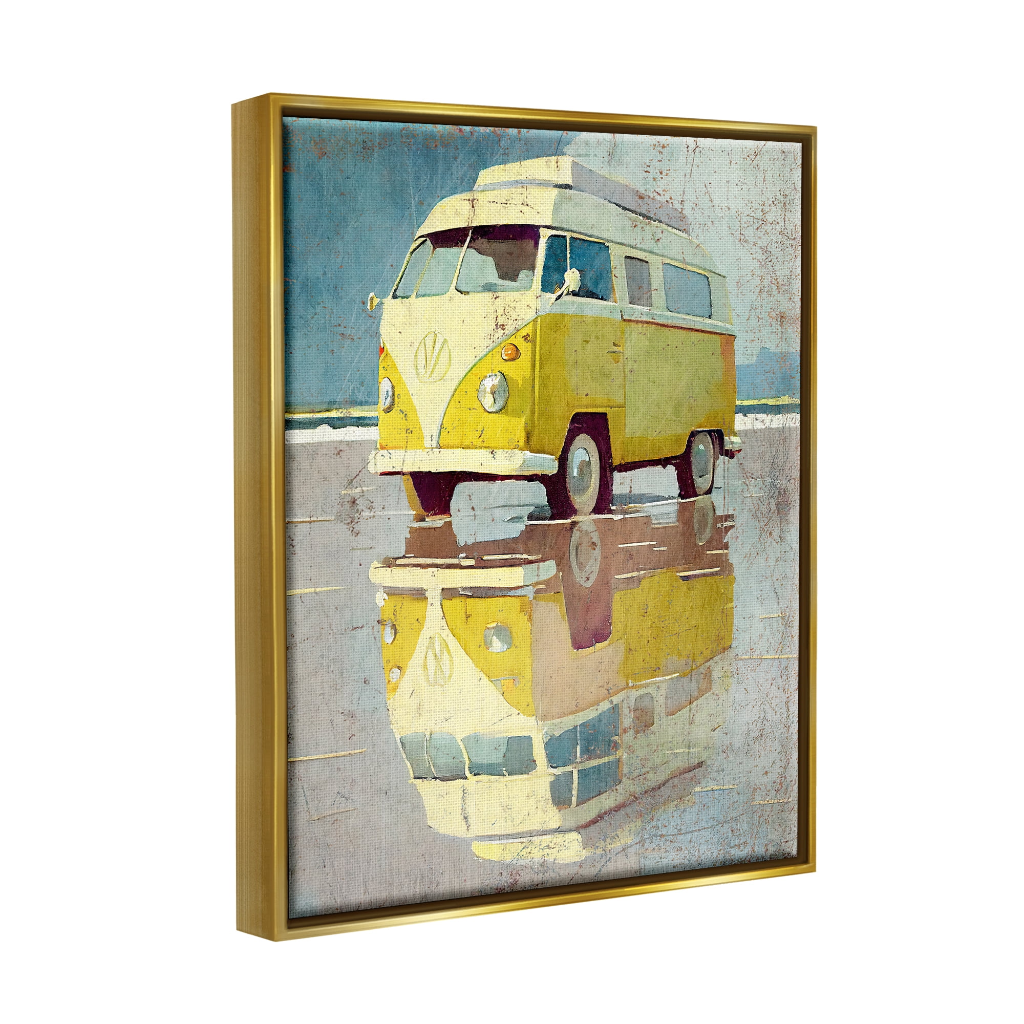 Stupell Industries Yellow Rustic Minibus Transportation Painting Gold Floater Framed Canvas Art Print Wall Art, 17 x 21