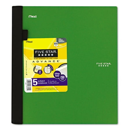 1PACK Five Star Advance Wirebound Notebook  College Rule  Letter  5 Subject 200 Sheets/Pad 1PACK Five Star Advance Wirebound Notebook  College Rule  Letter  5 Subject 200 Sheets/Pad Innovative notebook features SpiralGuard comfort grip  durable poly cover and pocket dividers. Perforated pages.Pad Type : Notebook;Sheet Size : 11  x 8 1/2 ;Ruling : College;Number of Sheets per Pad : 200;Paper Color : White;Sheet Perforation : Perforated;Paper Weight : 56 lbs.;Binding Edge : Side;Punched/Unpunched : 3-Hole Side Punched;Ruling Color : Blue/Red;Binding : Wire;Lines Per Page : 33;Subjects : 5;Backing : Poly;Cover Color : Assorted;Cover Material : Poly;Number of Compartments : 3;Number of Dividers : 3;Paper Pads/Note Pads Special Features : Five-Subject;Assortment : Cover assortment: black  green  pink  red  royal blue or teal.;Height : 11 in;Width : 8 1/2 in;