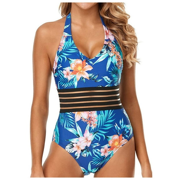 VerPetridure Women's Halter One Piece Swimsuits High Waisted Bathing Suits for Women Summer Floral Print Backless Swimwear Beachwear