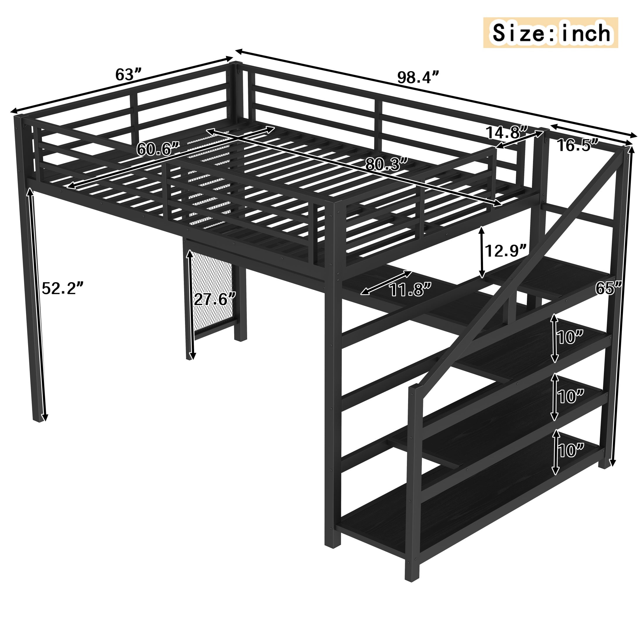 Aukfa Queen Size Metal Loft Bed with Desk and Storage Stairs, Heavy-Duty Bed Frame with USB Ports & LED Lights for Teens, Kids & Adults, Black