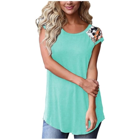

Women Summer Loose Tank Top Floral Print Short Sleeve Casual Tunic Tees Comfy O-Neck Pullover Blouse Basic Shirt