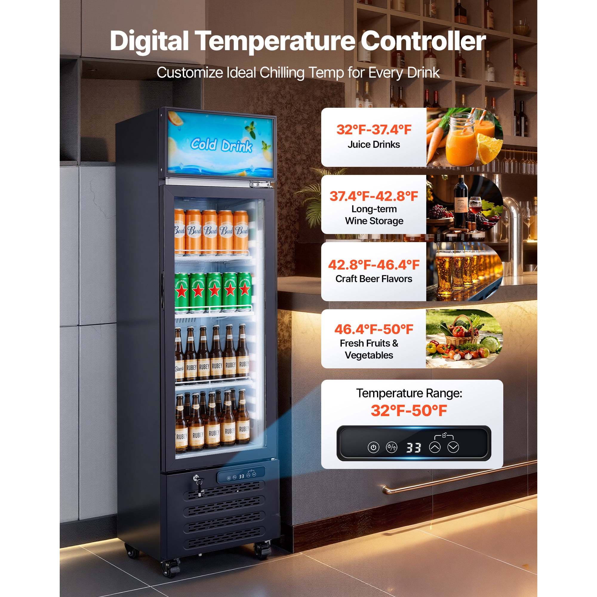 KFFKFF Commercial Glass Door Refrigerator, 6.1 Cu.Ft / 173 L Upright Beverage Cooler with Adjustable Lightbox, 3 Shelves & LED Lighting for Home or Business Use