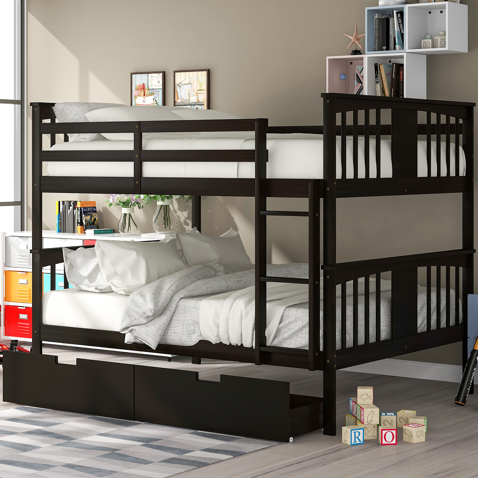 Cfowner Full Over Full Bunk Bed with Drawers and Ladder, Solid Wood Bed
