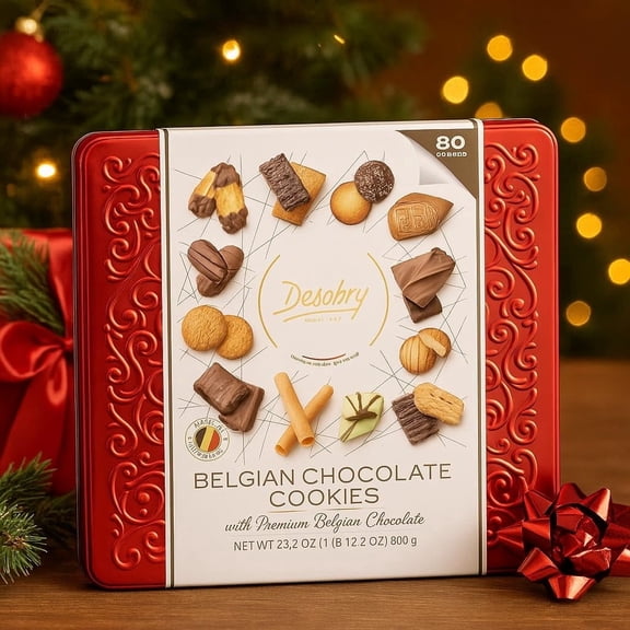 Belgian Chocolate Cookies Gift Tin – 80-Count Premium Assorted Biscuit Collection with Dark, Milk & White Chocolate – Holiday Gift Treat for Christmas, Thanksgiving, Parties & Dessert Tables