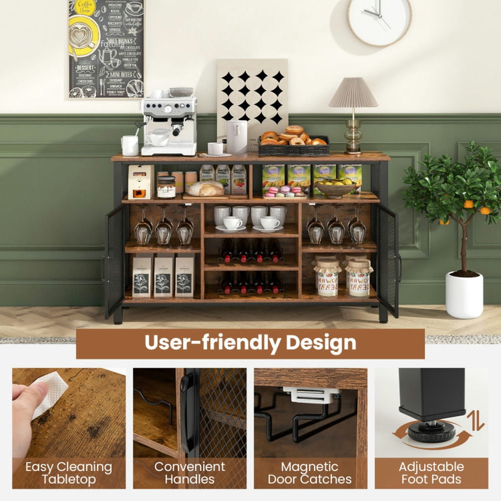 Finihen Kitchen Storage Cabinet, Buffet Sideboard, 55-Inch Buffet Sideboard with 8-Bottle Wine Racks and Wine Glass Holders, for Dining Room, Kitchen, Living Room, Rustic Brown Finihen Kitchen Storage Cabinet, Buffet Sideboard, 55-Inch Buffet Sideboard with 8-Bottle Wine Racks and Wine Glass Holders, for Dining Room, Kitchen, Living Room, Rustic Brown