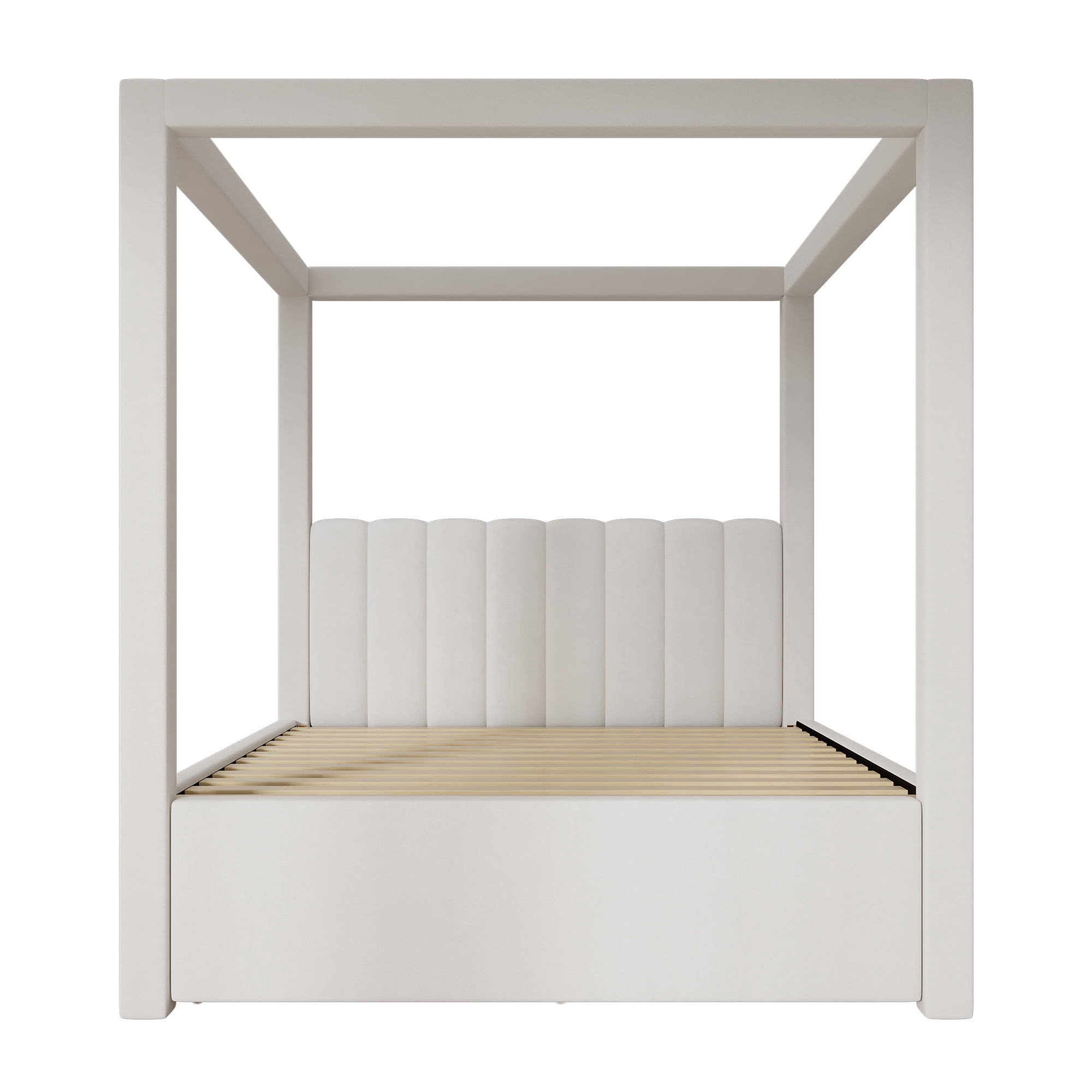 Euroco Upholstery Canopy Queen Platform Bed with Twin Trundle and 3 Drawers, Beige
