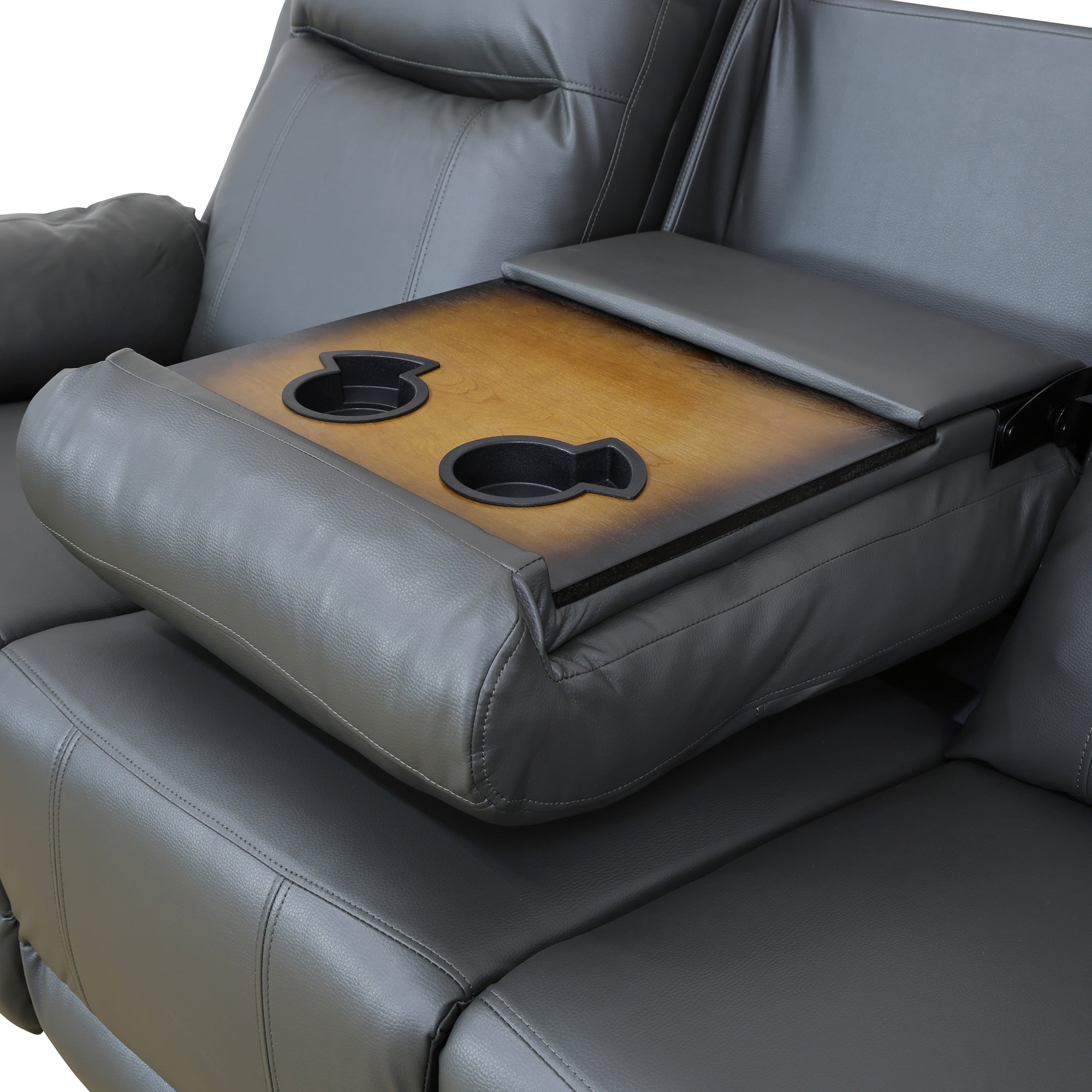 Gewnee Silver Gray 3-Seater Sofa with Console & Cup Holders, Air Leather & High-Elastic Sponge, Adjustable Recline, Perfect for Living Rooms（Power Recliner）