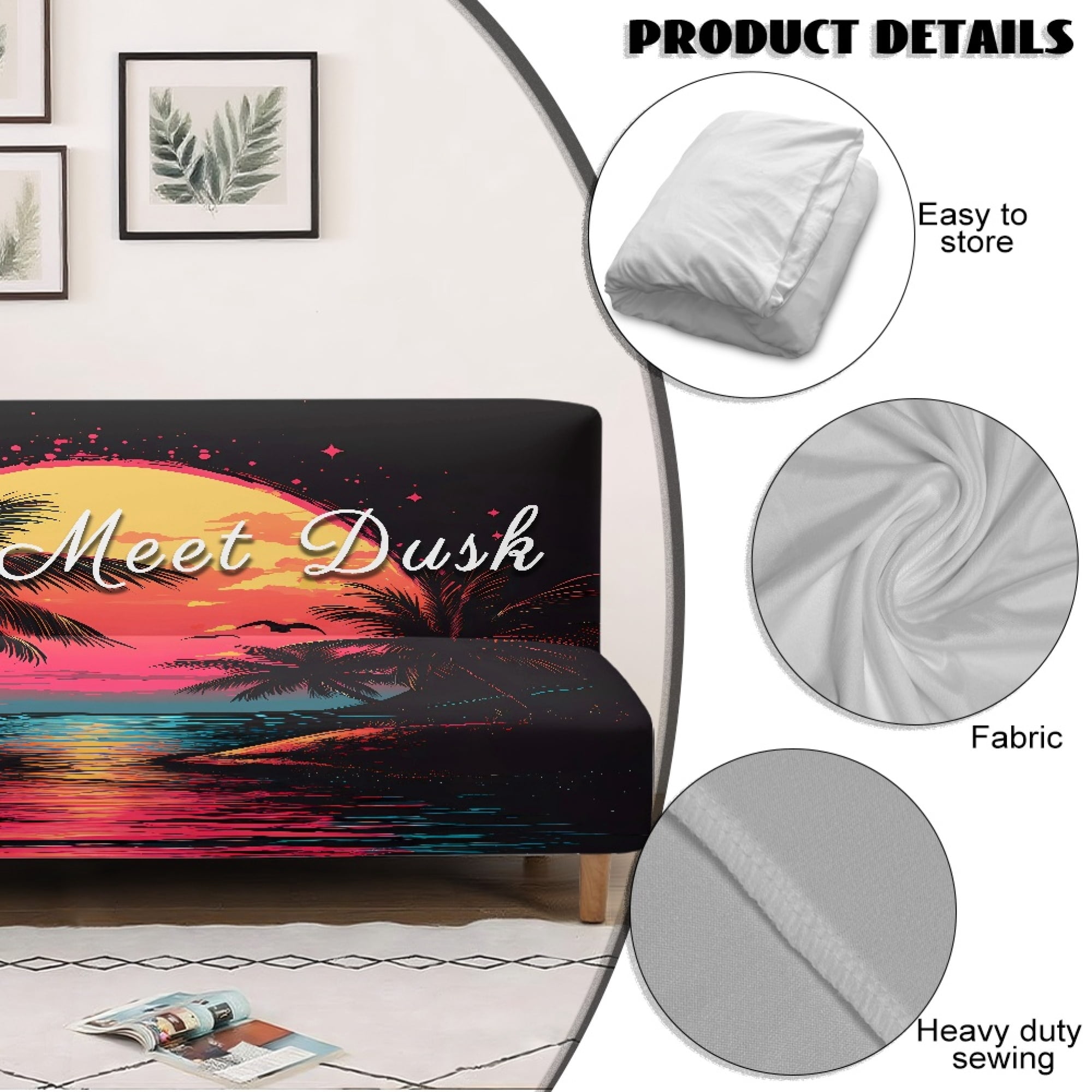 ZIATUBLES Beach Sunset Stretch Sofa Slipcover Armless Futon Cover Full Queen Size Furniture Protector Elastic Polyester Spandex Folding Couch Shield Sofa Cover