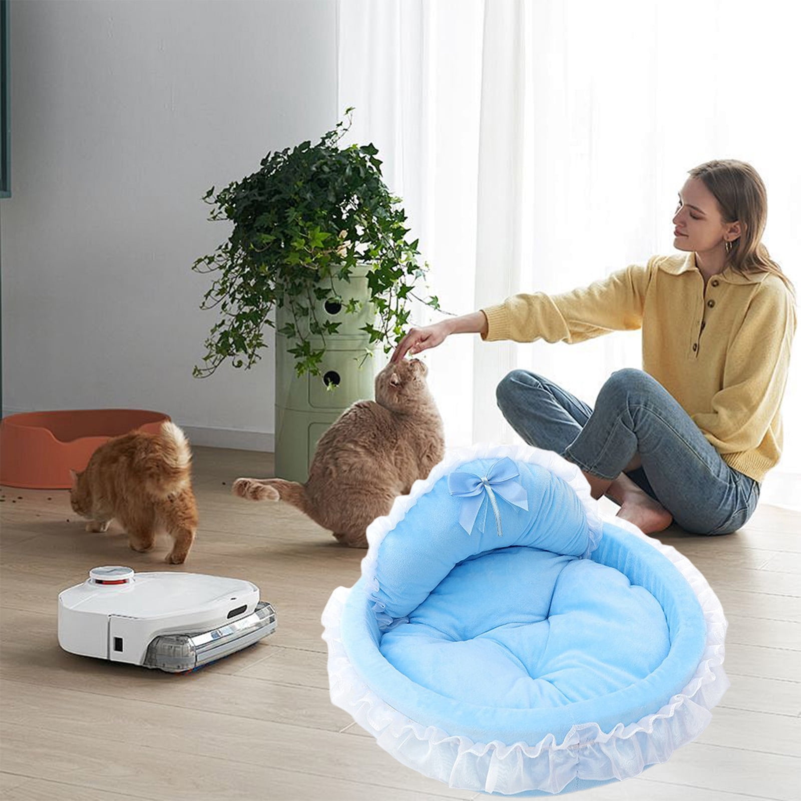 Nebwoak Small Medium Pet Bed 17.7x17.7 Inches - Soft Cloth Sponge Support, Detachable Washable Mattress, Lace Trim, Pink/Blue, Indoor Cat Dog Sleeping Resting Cushion Bed