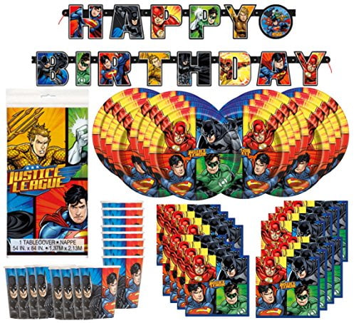9 Plates and Luncheon Napkins with Birthday Candles Bundle for 16 Superman Heroes Party Supplies Pack Serves 16
