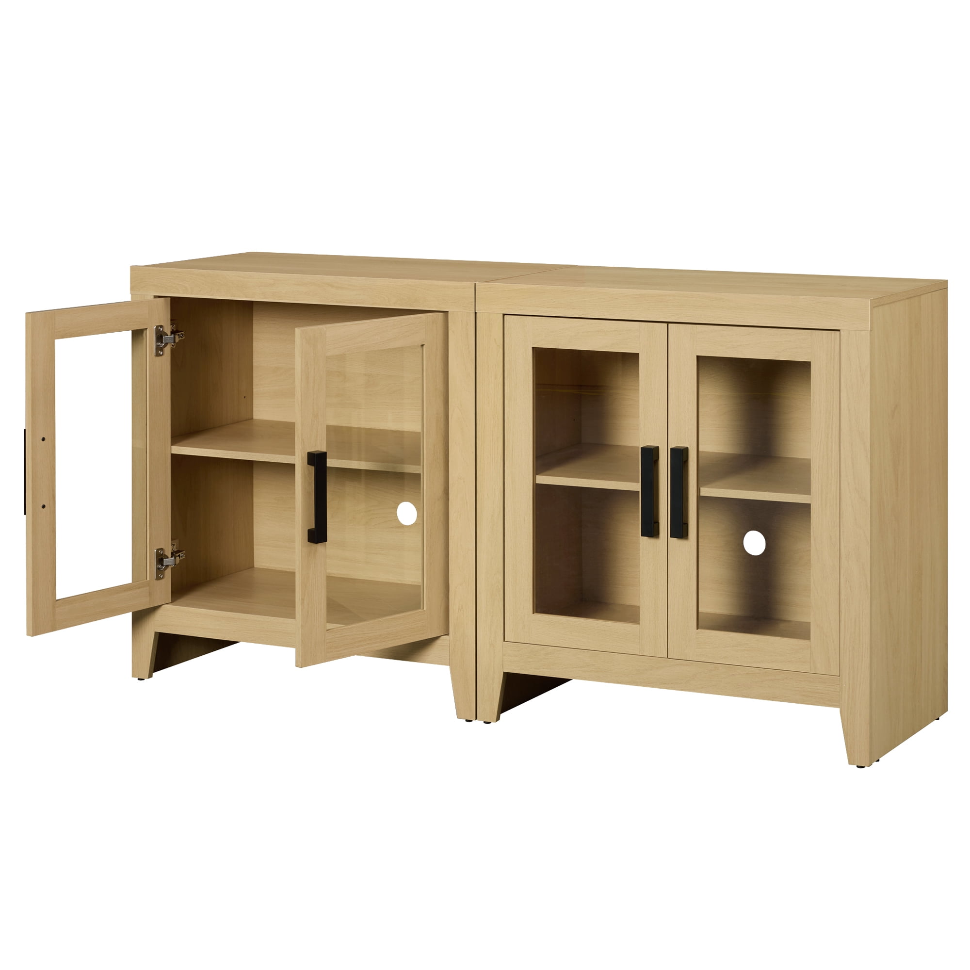 WAMPAT Modern Farmhouse TV Stand up to 70"TV, Entertainment Center with Tempered Glass Doors & Adjustable Shelves, Oak