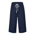 thumbnail image 4 of Outfmvch Capri Palazzo Pants Beach Pant Gauze Pants Flowy Pants for Women Petite Cotton Linen Casual Summer Capris Drawstring with Pockets Loose Fit Wide Leg Palazzo Pants with Pockets Navy S-3XL, 4 of 6