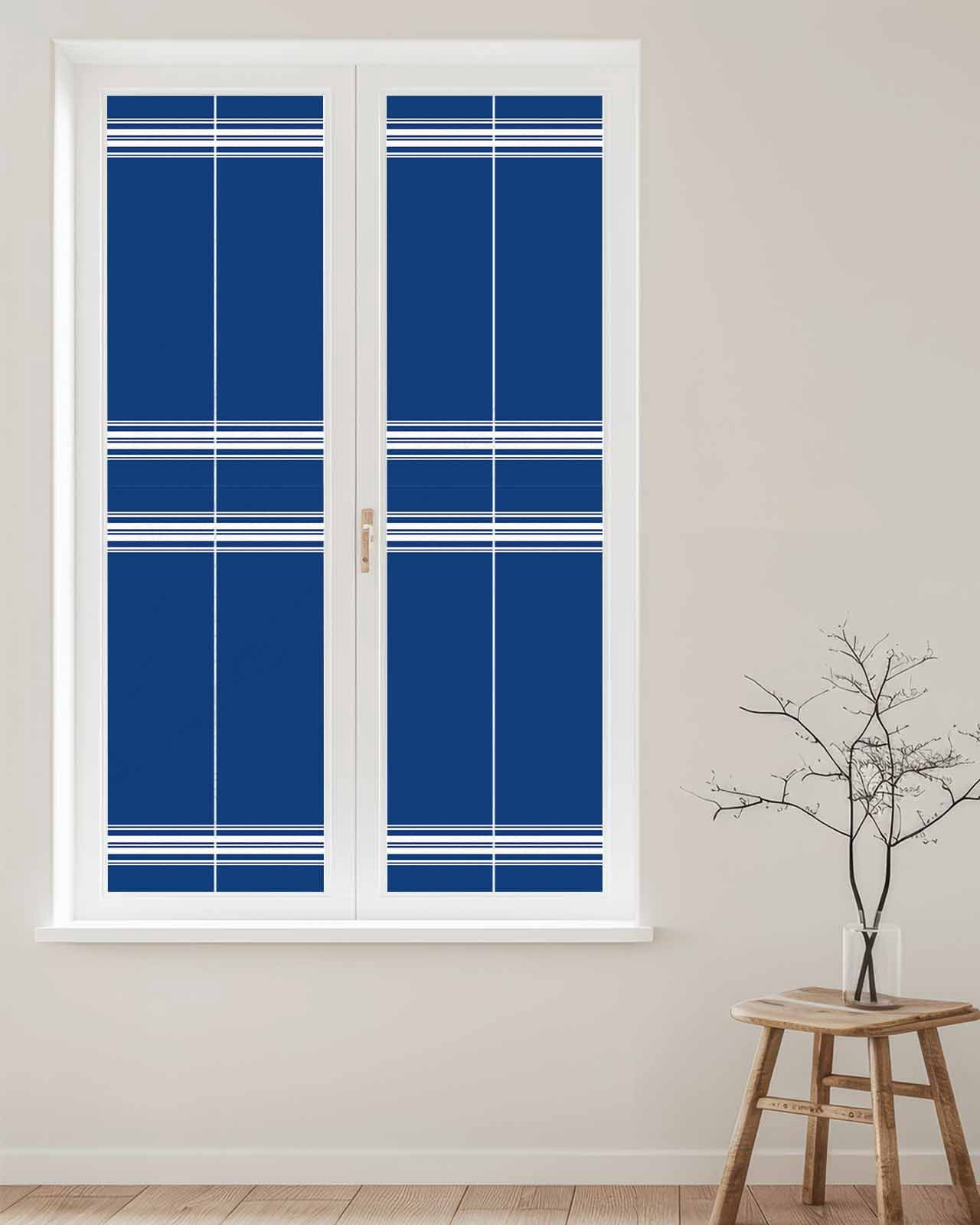 Window Privacy Film, Blue Stripes UV Sun Blocking Window Tint Film Heat Control One Way Blackout Window Film, Farmhouse Modern White Vertical Lines Non Adhesive Static Cling Sticker 17.7x78.7 In