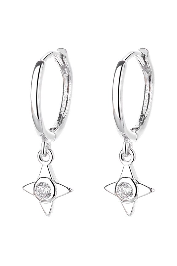 CZ Tiny Star Dangle Hoop Earrings Sterling Silver Crystal Drop Huggie Hoops for Women