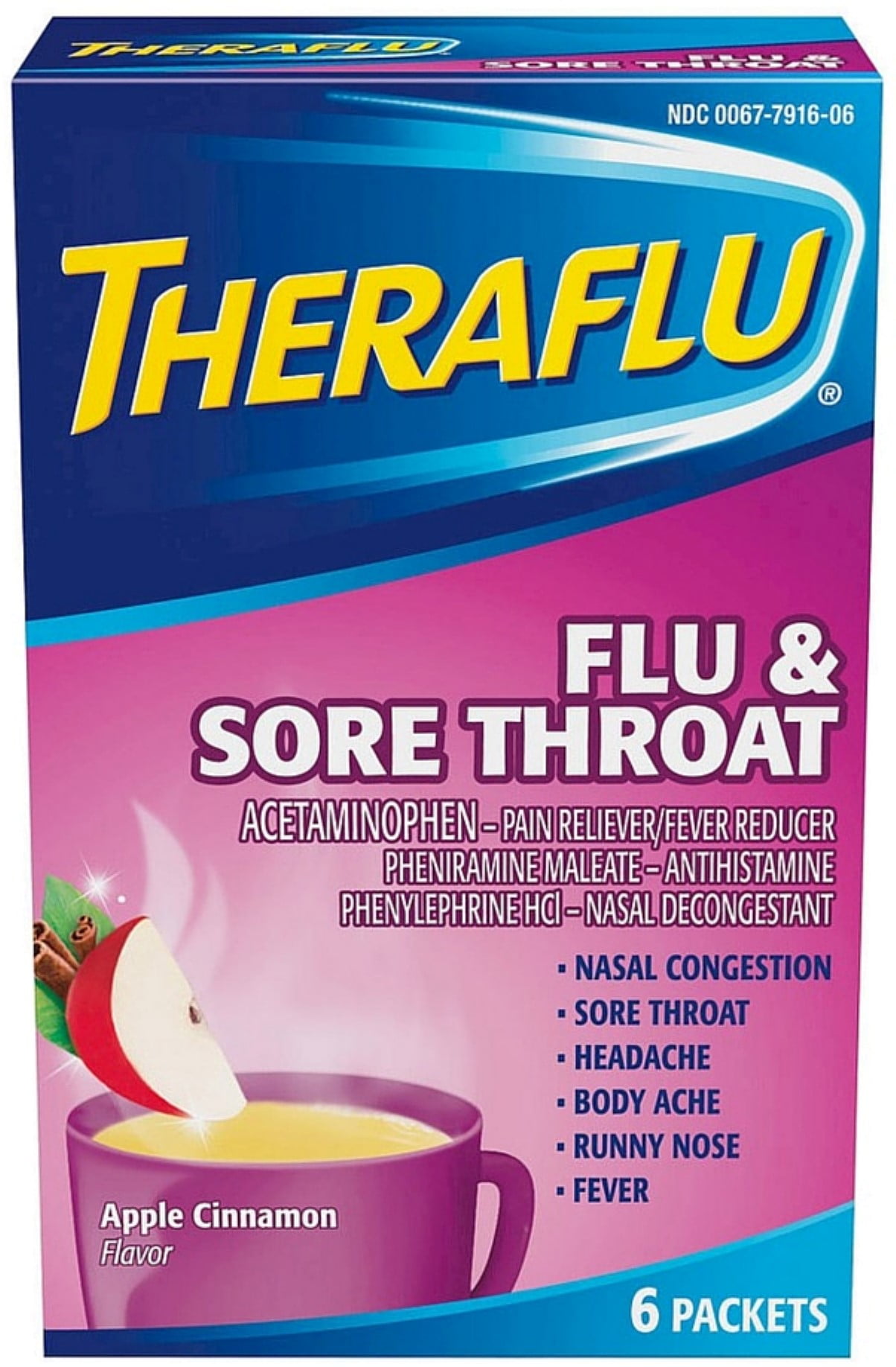 Theraflu Flu & Sore Throat Powder, Apple Cinnamon Flavor 6 ea (Pack of 2)