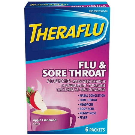Theraflu Flu & Sore Throat Powder, Apple Cinnamon Flavor 6 ea (Pack of