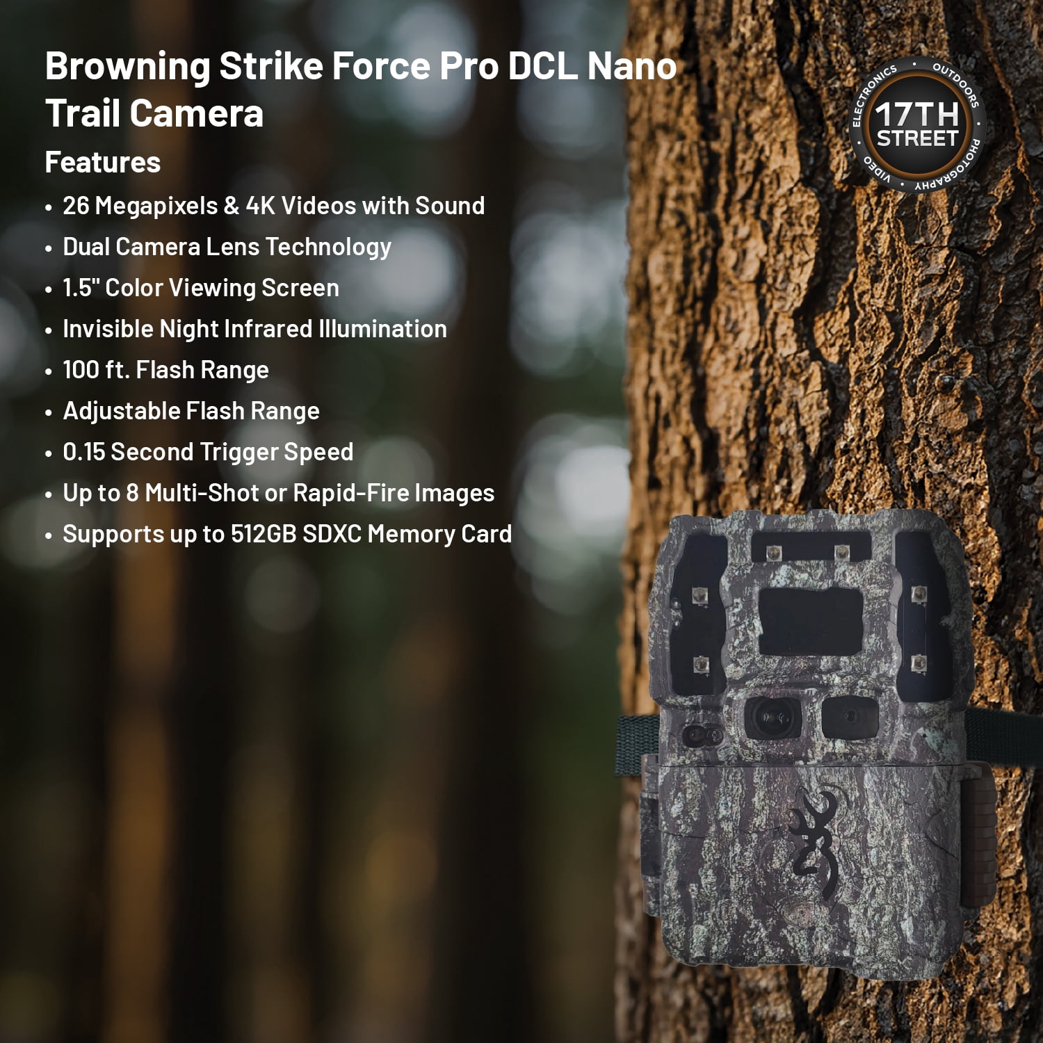 Browning Trail Cameras Strike Force Pro DCL Nano - 26MP 4K Dual Lens Technology Camera with USB 2.0 SD Card Reader, 64GB Ultra SDXC UHS I Memory Card & Cleaning Cloth - Pack of 2 Bundle Kit