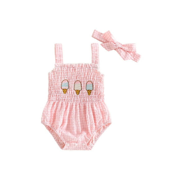 BemeyourBBs Newborn Baby Girl Summer Clothes Smocked Bubble Romper One Piece Outfit 0 3 6 12 18 Months Strap Sleeveless Ice Cream Embroidery Plaid Gingham Bodysuit with Bow Hairband