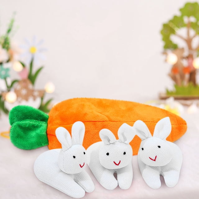 Bolsa de almacenamiento con forma de zanahoria y muñeco de conejo con cremallera | Capacidad para 3 figuras de conejito de peluche | Tela de algodón suave
