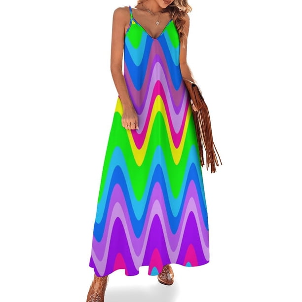 Groovy Disco Waves - Vestido sin mangas con brillo de neón de los años 70 Vestido elegante de lujo para mujer Vestidos de fiesta para mujer Verano diario