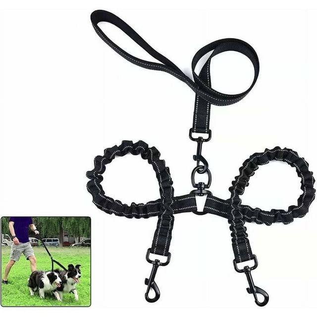 HongchunDouble Dog Leash for 2 Dogs,Dog Leash,Double Dog Leash 360° Tangle-free, Multifunctional Detachable Leash,Elastic Material Shock Absorption black -