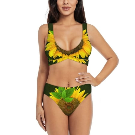 Zeuib Sunflower High Waisted Tummy Control Bikini Set - Knot Front Push Up Top & Cheeky Thong Bottom  Two-Piece Swimsuit for Women-XX-Large