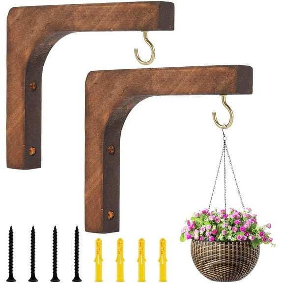 2 Sets Wood Plant Hooks Wooden Plants Hanger 38.5x8.5mm Hanging Plant Holder L-Shaped Indoor and Outdoor Brackets Plants Hanger Wood Hook for Planters Lanterns Bird Feeders Coconut Brown
