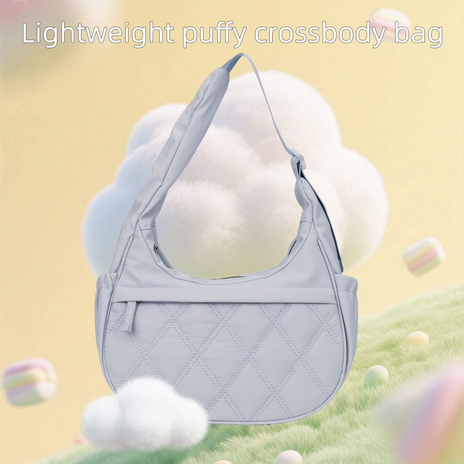 JANKS Small Puffer Crescent Shoulder Bag for Women, Nylon Quilted Puffy Crossbody Purse, Cute Hobo Shoulder Handbags （Lightblue)