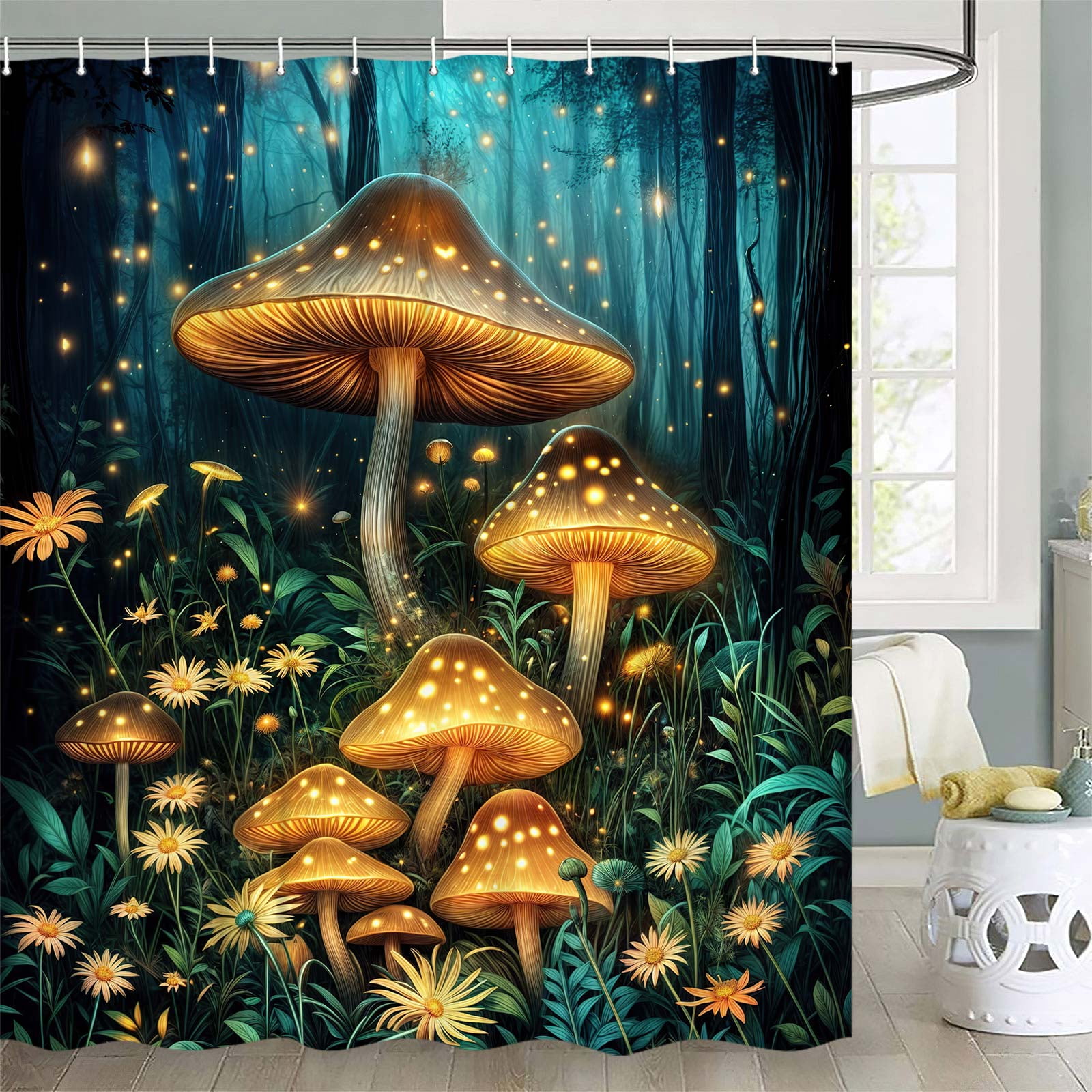 Mushroom Shower Curtain for Bathroom, Mushroom Fantasy Fairy Tale Forest Vintage Botanical Wild Plants Fantasy Fairy Tale Forest Bathroom Shower Curtain Set with Hooks,70X84