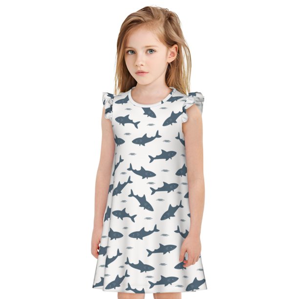 Balery Cute Shark Camisón de princesa para niñas, pijama de algodón con mangas abullonadas, suave y bonito.-Small
