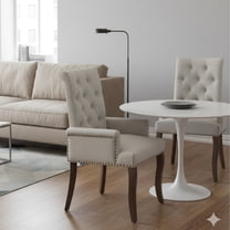 GOMYHOME Chenille Upholstered Dining Arm Chair w/ Tufted High Back & Nailhead Trim, Beige ,set of 2