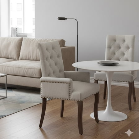 GOMYHOME Chenille Upholstered Dining Arm Chair w/ Tufted High Back & Nailhead Trim, Beige ,set of 2