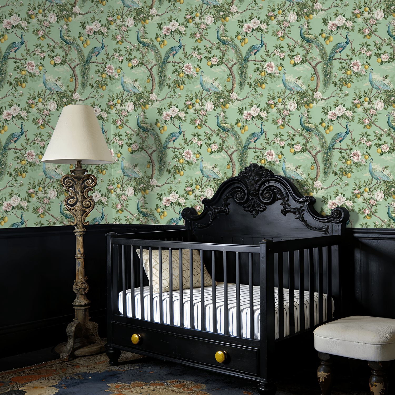 Boho Peel and Stick Wallpaper Peacock Floral Lemons Green Wall Mural 17.7in x 9.8ft Self Adhesive Removable Wall Paper Renter Friendly Wallpaper for Bedroom Kitchen Farm