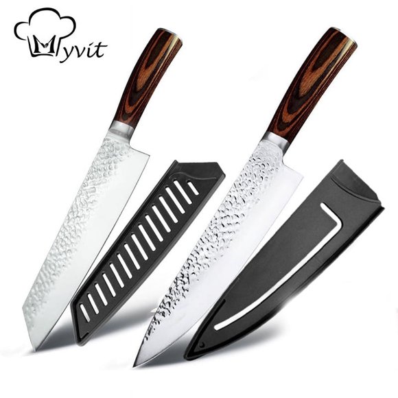 Couteaux de Cuisine Lot de 2 en Acier Inoxydable à Haute Teneur en Carbone, Couteaux de Chef Japonais Pleine Soie, Couperet à Viande, Couteaux Tranchants avec Poignée Ergonomique pour Hacher, Trancher, Couper (Motif Martelé Irrégulier)