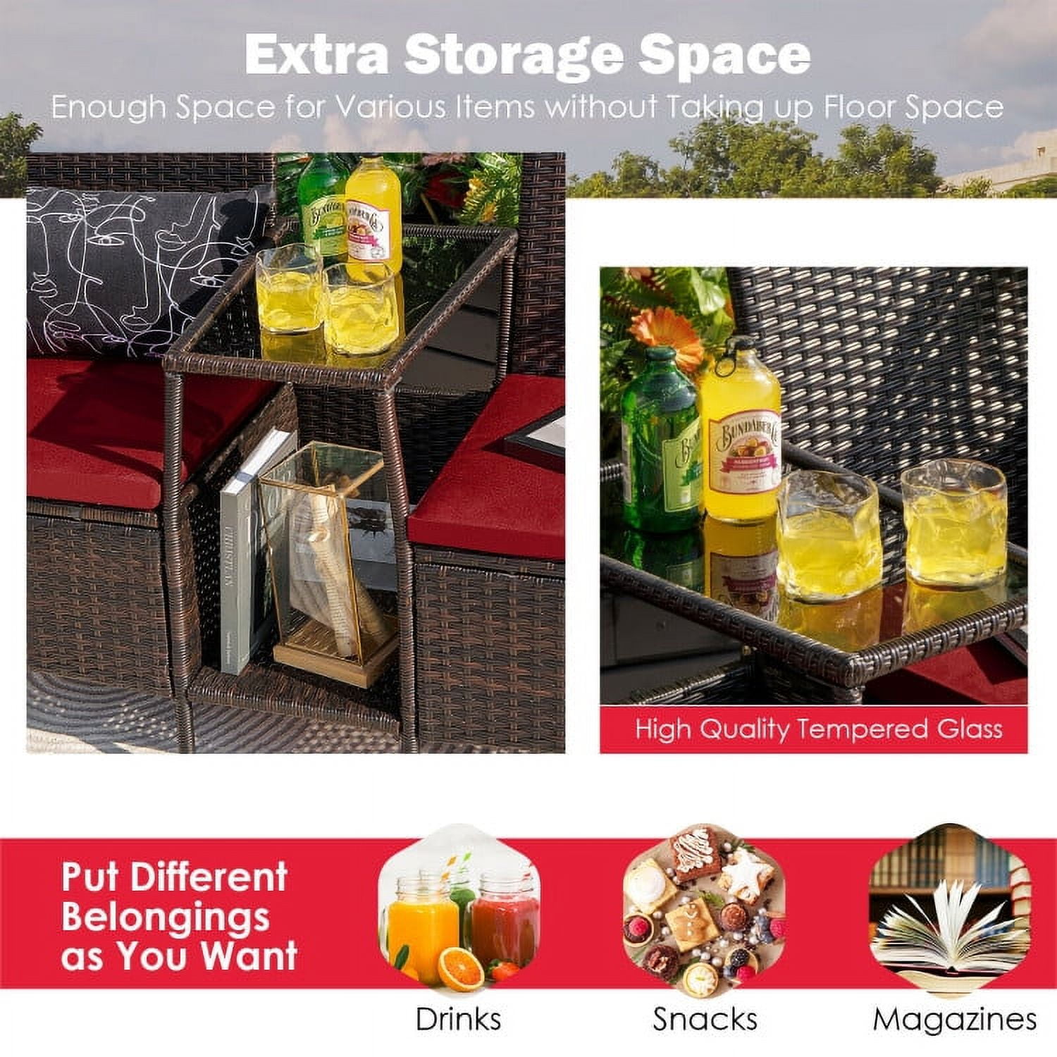 Aimee Lii Rattaner Outdoor Patio Furniture, Patio Rattan Wicker Conversation Set Sofa Cushioned Loveseat Glass Table, Red Aimee Lii Rattaner Outdoor Patio Furniture, Patio Rattan Wicker Conversation Set Sofa Cushioned Loveseat Glass Table, Red