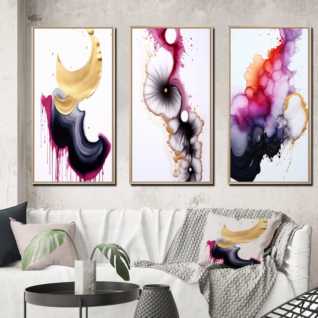 Designart "Ethereal Elegance Magenta Ink Clouds IX" Abstract Painting Framed Wall Art Set Of 3 - Gold Modern Frame Gallery Set For Office Decor