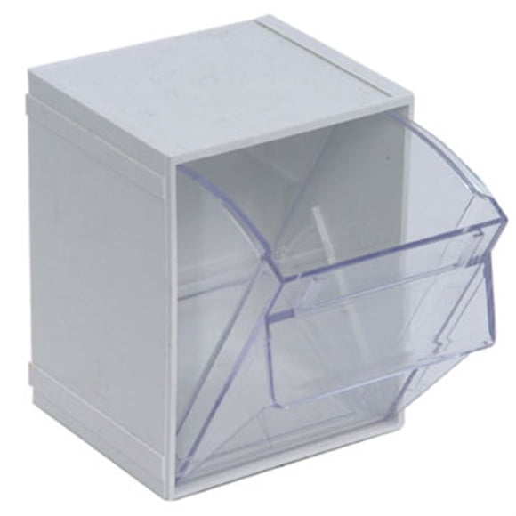 Tip Out Bin, (1) compartment, 5-1/4W x 4-3/4D x 6-1/4H, handle with label slot, opens to a 45 angle, plastic clear container, polystyrene white cabinet, Made in USA