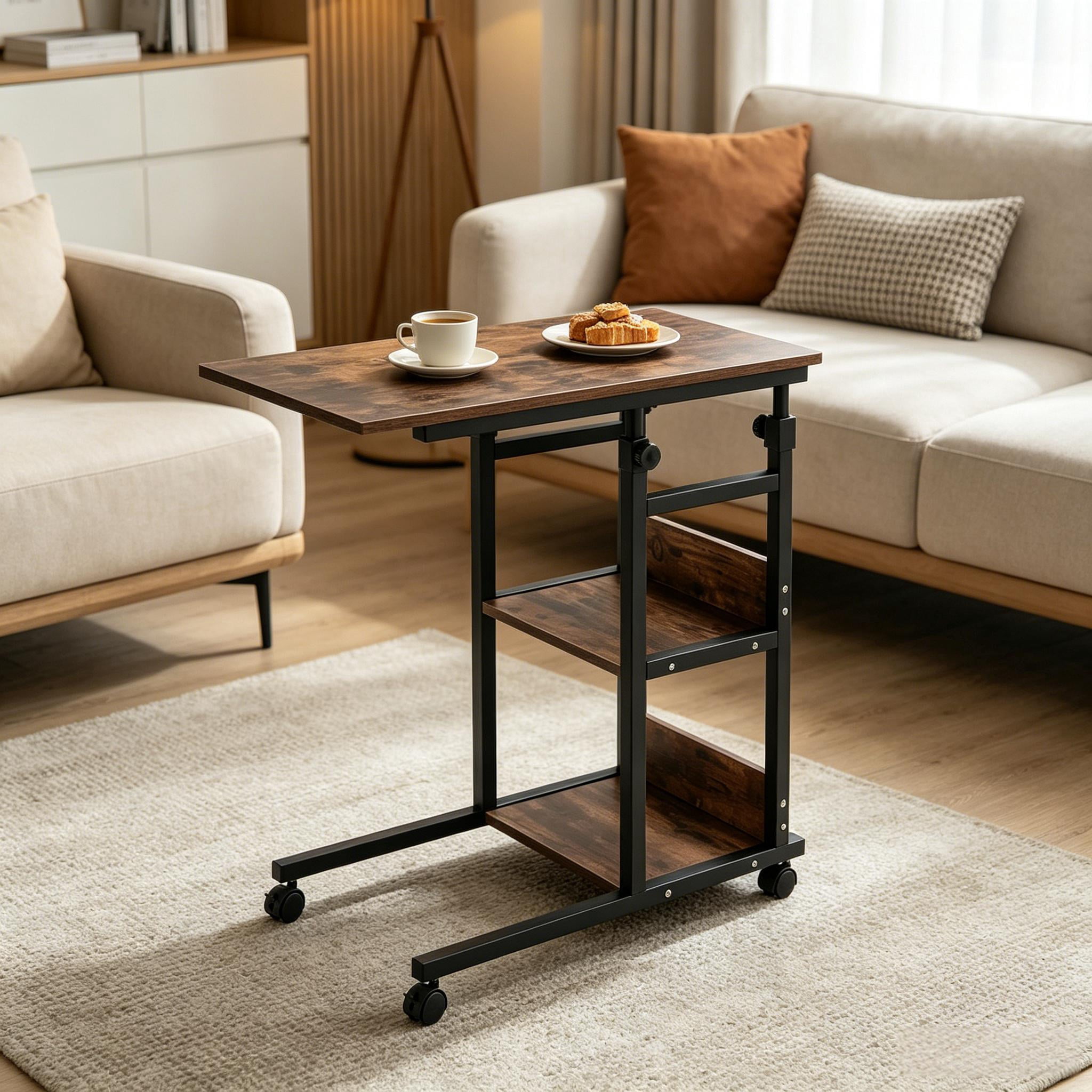 C-Shaped Height Adjustable Rolling Side Table, 3-Tier Mobile Utility Cart with Lockable Wheels, Multi-Purpose Sofa Snack Bar & Garden Table