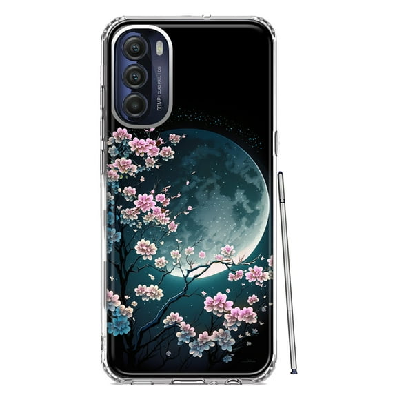 MUNDAZE Motorola Moto G Stylus 4G 2022 Shockproof Clear Hybrid Protective Phone Case Kawaii Manga Pink Cherry Blossom Full Moon Cover