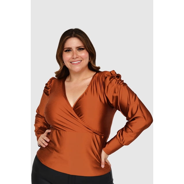 Blusa formal de satín Roman Fashion Chedron naranja oscuro Talla Extra 1789