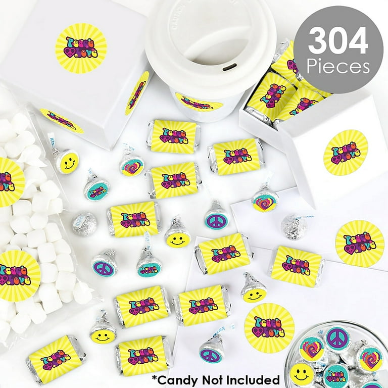 60's Hippie - Mini Candy Bar Wrappers, Round Candy Stickers and Circle Stickers - 1960s Groovy Party Candy Favor Sticker Kit - 304 Pieces