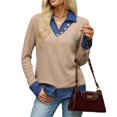 thumbnail image 2 of Wevis Women's Patch Denim Collar Knit Sweater Button Down Long Sleeve Autumn Blouse Casual Layered Look Fall Pullover Tops, 2 of 7