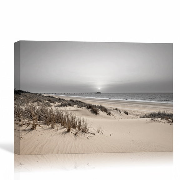 Coastal Sand Dunes Ocean View Wall Art Black and White Beach Landscape Canvas Print Minimalist Seaside Photography Decor for Living Room 24"L x 16"W